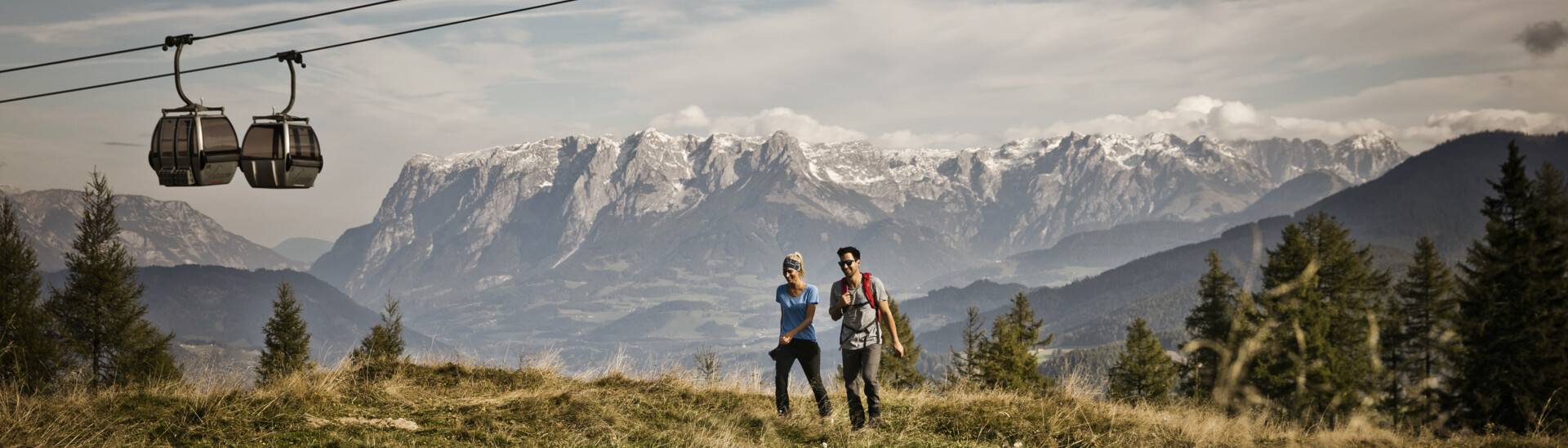 Hiking in Snow Space Salzburg Hiking couple in the Snow Space Salzburg region